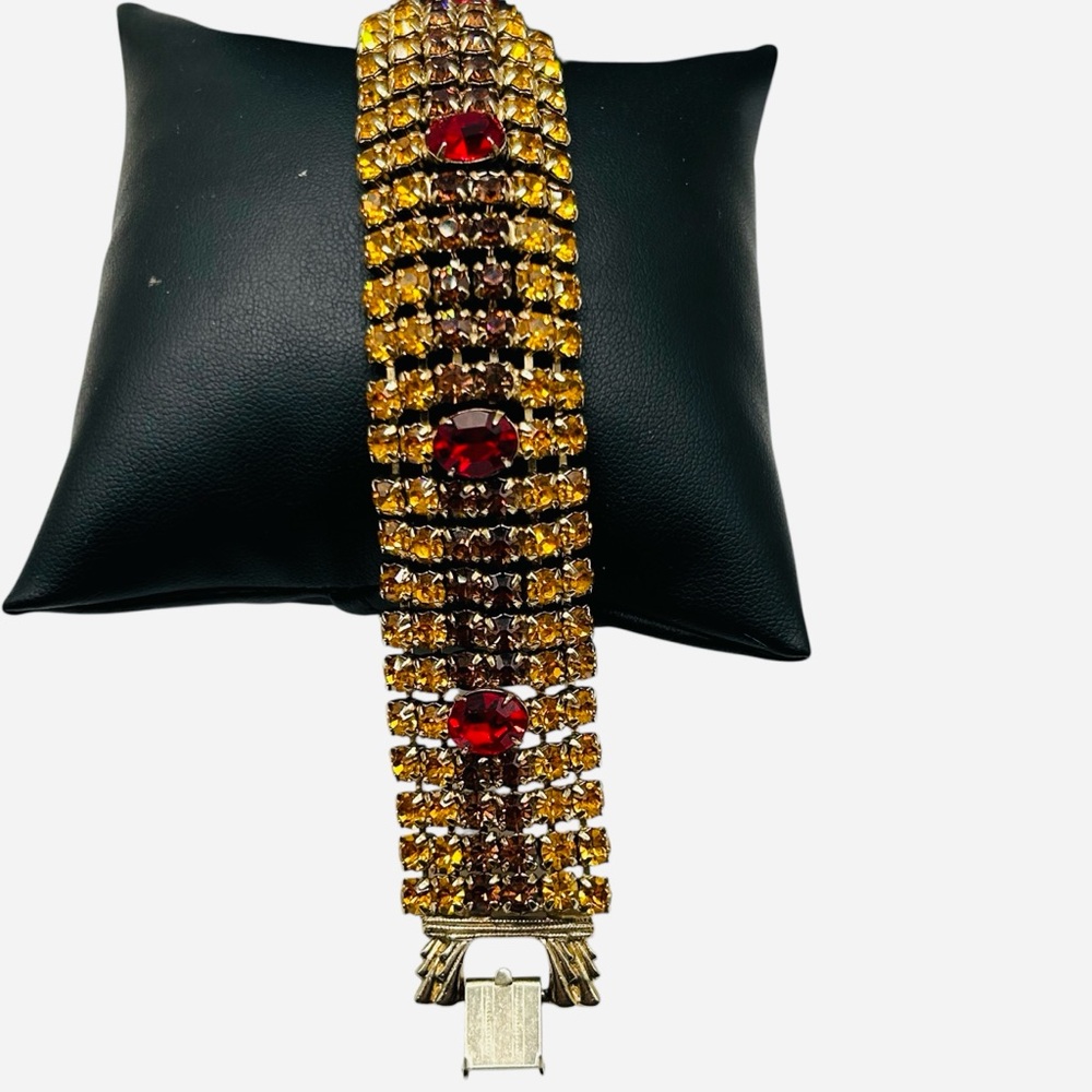 Stunning Vintage Topaz and Red Rhinestone Hollywood Glam Wide Bracelet